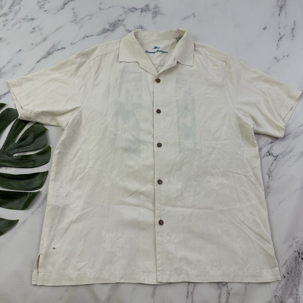 Tommy Bahama Tiki Lounge Embroidered Hawaiian Shirt Size L Cream Silk Tropical - Picture 2 of 13